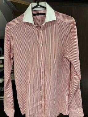 Tiger of Sweden Red and White Striped Dress Shirt with White Contrast Collar